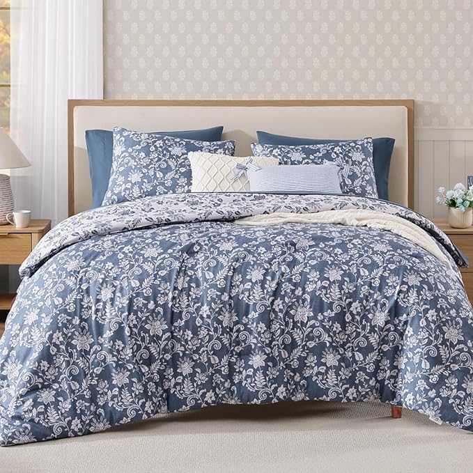Queen Comforter Set -7 Pieces Floral Oxford Blue Comforter Set for All Seasons, Bed in a Bag Queen with Botanical Flowers Comforter, Sheets, Pillowcases & Shams