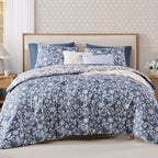 Full Comforter Set -7 Pieces Floral Oxford Blue Comforter Set for All Seasons, Bed in a Bag Full with Botanical Flowers Comforter, Sheets, Pillowcases & Shams