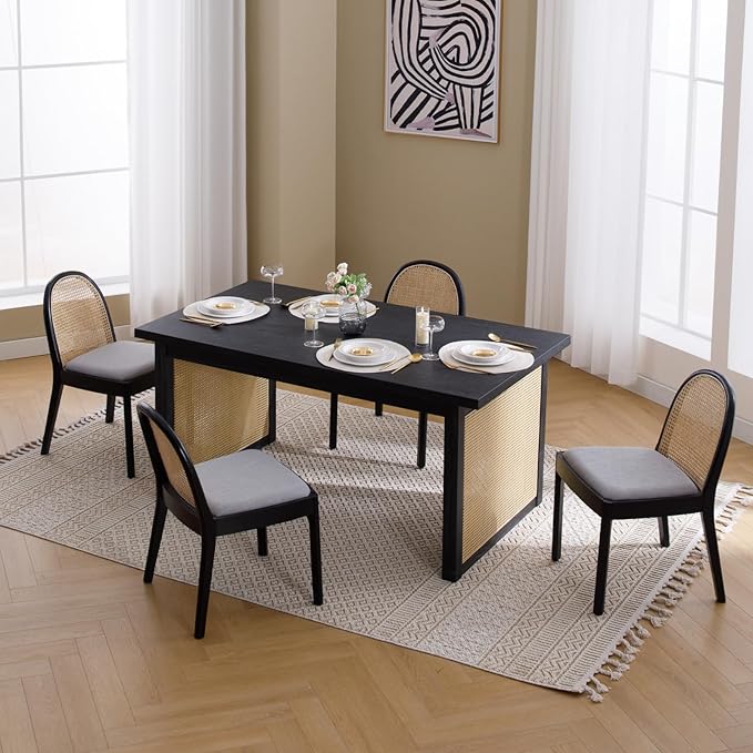 Mid Century Dining Chairs Set of 4, Accent Rattan Side Chairs Linen Fabric Kitchen Chair with Solid Wooden Legs for Living Room Dining Room, Grey