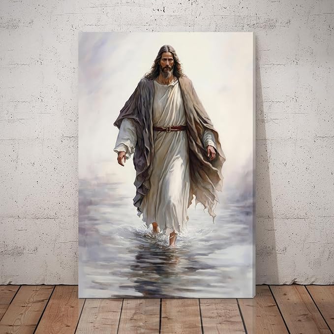Fantasy Artists Jesus Christ Wall Art Jesus Walking On Water Canvas Print Christian Painting Biblical Wall Decor Religious Room Decor for Church Prayer Room Christian Schools Hospitals 24'' x 36''
