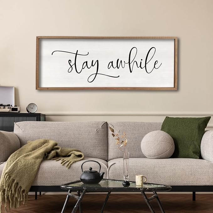 Stay Awhile Sign Wall Decor Sign 40"X15" Large Living Room Entryway Wood Framed Rustic Wall Decor for Vintage Farmhouse Foyer Hanging Lets Stay Home Wall Art (Wood)