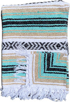 Del Mex Classic Mexican Blanket, Large Authentic Woven Falsa Throw (70"x50"), Artisan Southwest Décor for Beach, Yoga, Outdoors (Mint/Tan)