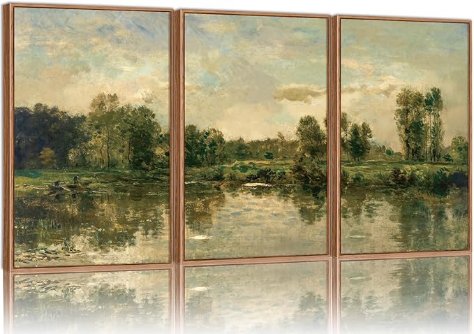Tinonedraw Vintage Nature Framed Canvas Wall Art Set of 3, French Country Wall Decor, Olive Green Trees Art Paintings, Rustic Landscape Farmhouse Art Prints for Living Room Bedroom Office 24"x36"x3
