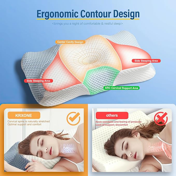 Aone Cervical Pillow for Neck and Shoulder Pain Relife, Memory Foam Neck Pillow with Breathable Pillowcase for Side Back Sleeping, Stomach Sleepers, Queen Size 25.5x14x5.9 Inches