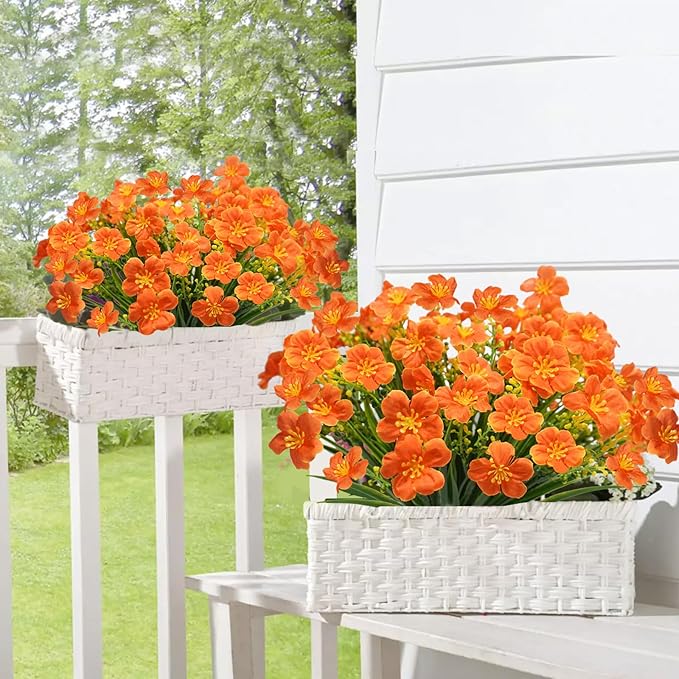 Krissing 8 Pcs Fall Artificial Outdoors Flowers,UV Resistant Fake Fall Plastic Flowers Fuax Fall Shrubs for Outdoors Autumn Home Garden Porch Window Box Thanksgiving Fall Outdoor Decor (Orange)