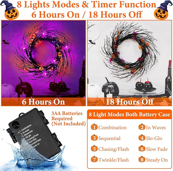 7 Ft 63 LED Halloween Willow Vine Twig Garland with 8 Modes Timer Orange Purple 21 Pumpkin Bats Lights,Halloween Garland with Waterproof Battery Operated for Indoor Wall Fireplace Decorations
