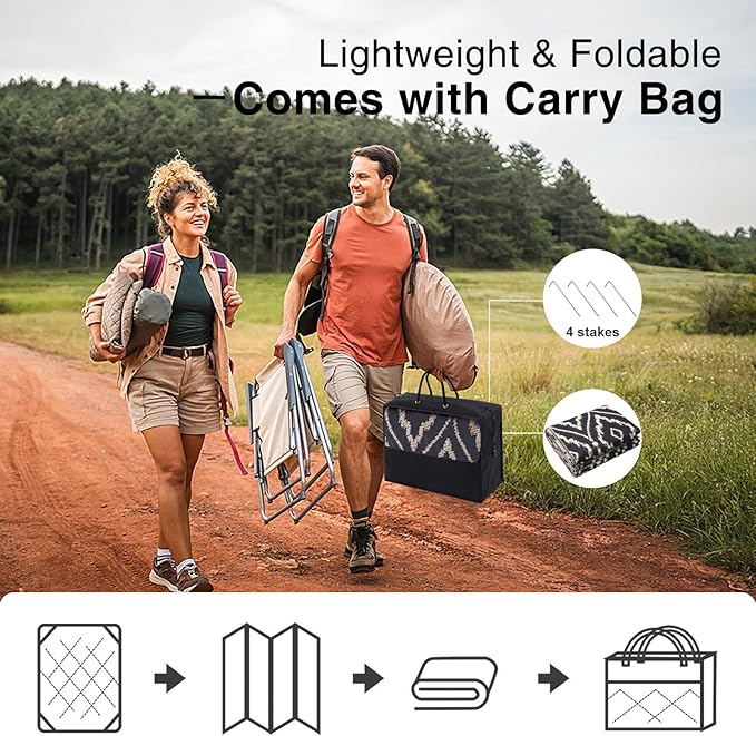 OLANLY Outdoor Rug 6x9 ft Waterproof, Outdoor Plastic Straw Rug with Geometric Pattern Clearance, Reversible RV Mat for Patio, Camping, Balcony, Deck, Backyard, Black & Beige