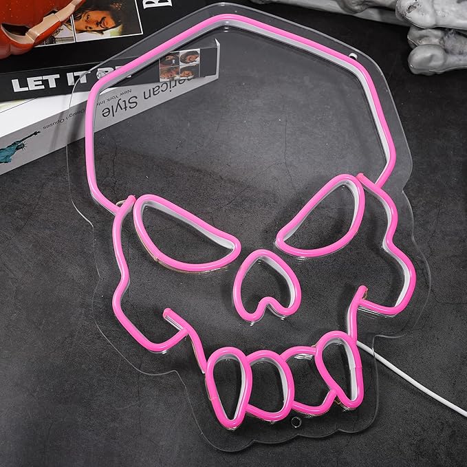Dimmable Skull Neon Sign,Halloween Pink Neon Sign Light for Wall Decor, Skeleton LED Neon Sign for Beer Bar Bedroom Art,Skull Head Neon Lights Suitable for Computer Room, 5V USB Power 15.75 * 11.8in