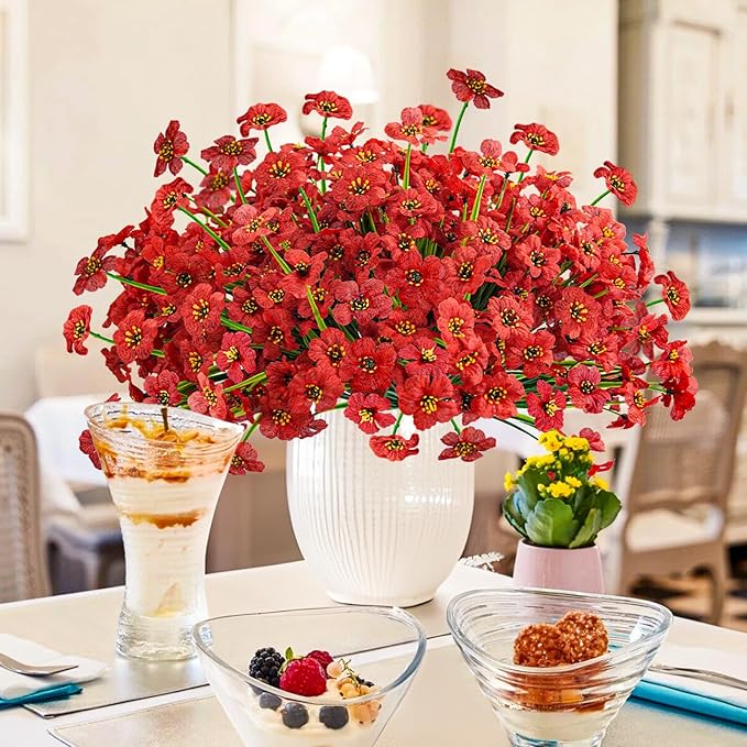 Krissing 48 Bundles Outdoor Artificial Flowers UV Resistant Fake Silk Flowers Faux Plastic Plants Outside Garden Porch Window Box Summer Decoration (Red)