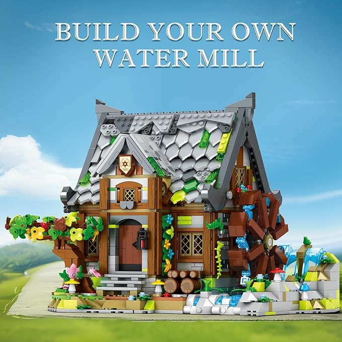 Medieval Watermill Building Set – 1873 PCS Medieval House with Rotating Water Wheel, Architecture Collectible Building Bricks Kit for Adults and Medieval Village Fans