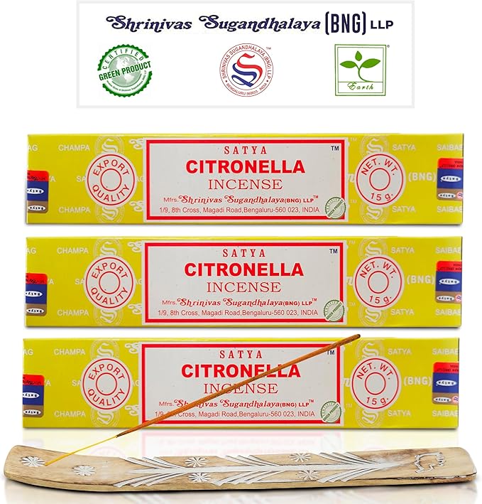Satya Nagchampa Citronella Incense Sticks, Satya Bng (Bangalore) Insenses 15gmx3 Pack (45 GMS) with Raajsee Incense Holder Bundle, Satya Nagchampa Natural Incense
