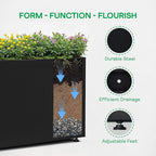 IDZO Metal Planter Box, Privacy Trough for Patio, Rectangle Container for Outdoor Plants, Tall Large Rectangular Steel Bed for Outdoor Greens with Drainage Holes & Adjustable Feet, Black