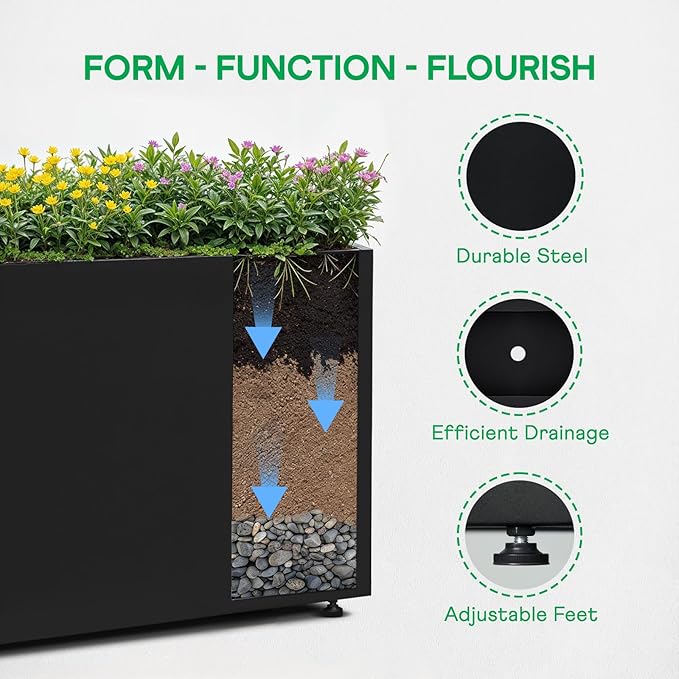 IDZO Metal Planter Box, Privacy Trough for Patio, Rectangle Container for Outdoor Plants, Tall Large Rectangular Steel Bed for Outdoor Greens with Drainage Holes & Adjustable Feet, Black