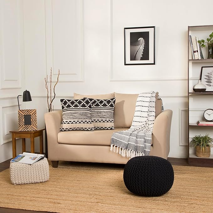 REDEARTH Round Pouf Foot Stool Ottoman - Hand Knitted Bean Bag - Cord Boho Pouffe - Cable Poof Footrest for Living Room - Nursery - Bedroom - Patio - 100% Cotton - Home Decor (19.5"x19.5"x14") - Black