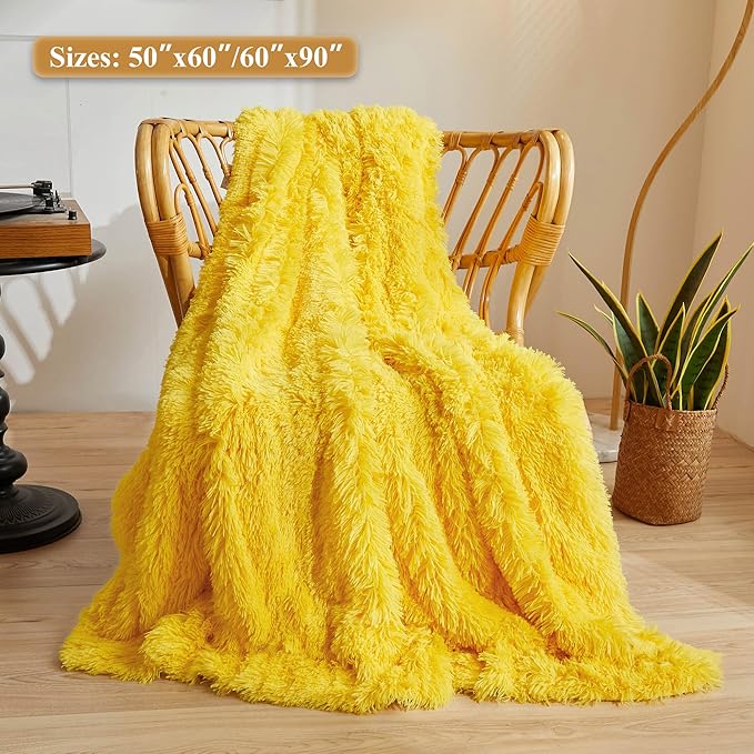 XeGe Luxury Faux Fur Blanket, Yellow Soft 60x90 Fluffy Throw for Bed, Cozy Shaggy Plush Couch Throw, Cute Furry Fuzzy Big Blanket for Kids Women Men Teen Girls Yellow, 60x90
