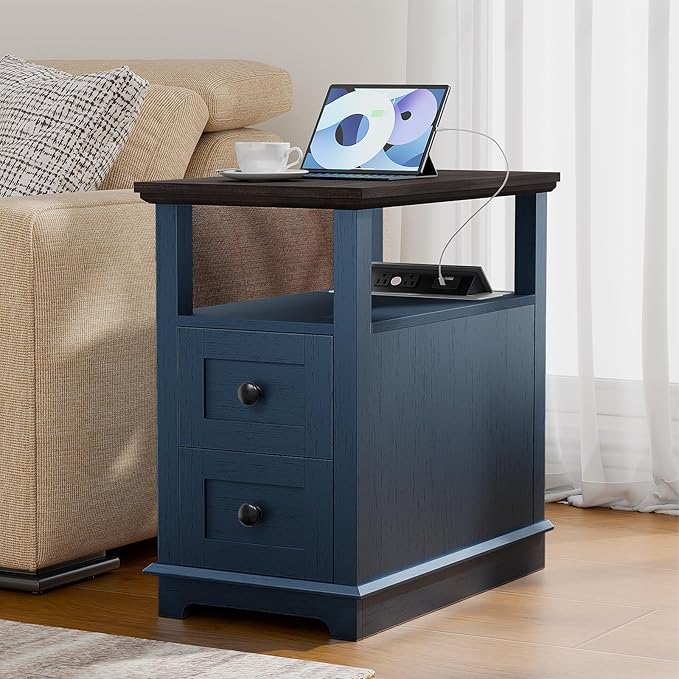 HIFYOBRO Narrow End Table with Flip Top Charging Station Set of 2, Side Table with 2 Drawers, Type-C & USB Port & Power outlets, Wooden Storage End Table for Living Room, Bedroom