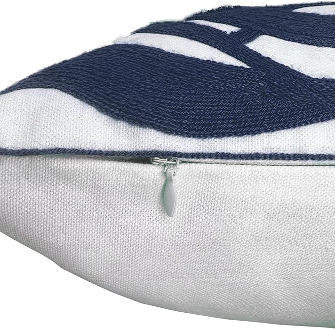 Alysheer Farmhouse Floral Leaves Embroidered Decorative Throw Pillow Cover 18x18 inches, Boho Tufted Flowers Embroidery Pattern Chic Cotton Cushion Case for Couch Bed Sofa Living Room(Navy Blue)