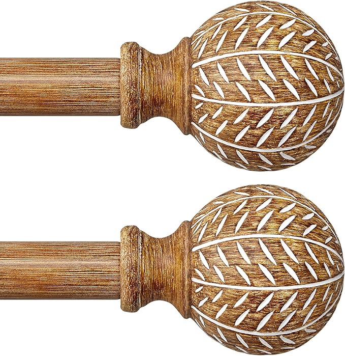 2 Pack Wood Curtain Rods for Windows 48 to 84 Inch,1'' Diameter Drapery Rods with Imitation Wood Grain Leaf Pattern Finials,Boho Adjustable Heavy Duty Curtain Rods Set,36-88'',Color:Natural Wood