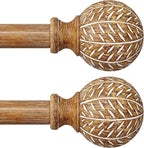 2 Pack Wood Curtain Rods for Windows 72 to 144 Inch,1'' Diameter Drapery Rods with Imitation Wood Grain Leaf Pattern Finials,Boho Adjustable Heavy Duty Curtain Rods Set,36-150'',Natural Wood