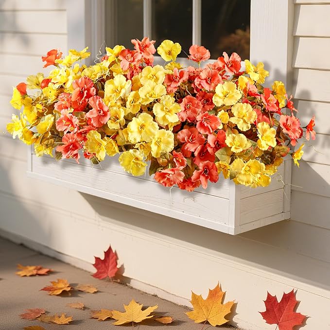 Fall Flowers Fake Flowers Mums for Outdoors Autumn Decoration, 6 Bundles Artificial Flowers Faux Silk Plants Realistic UV Resistant for Outside Planter Patio (Fall Yellow Orange)