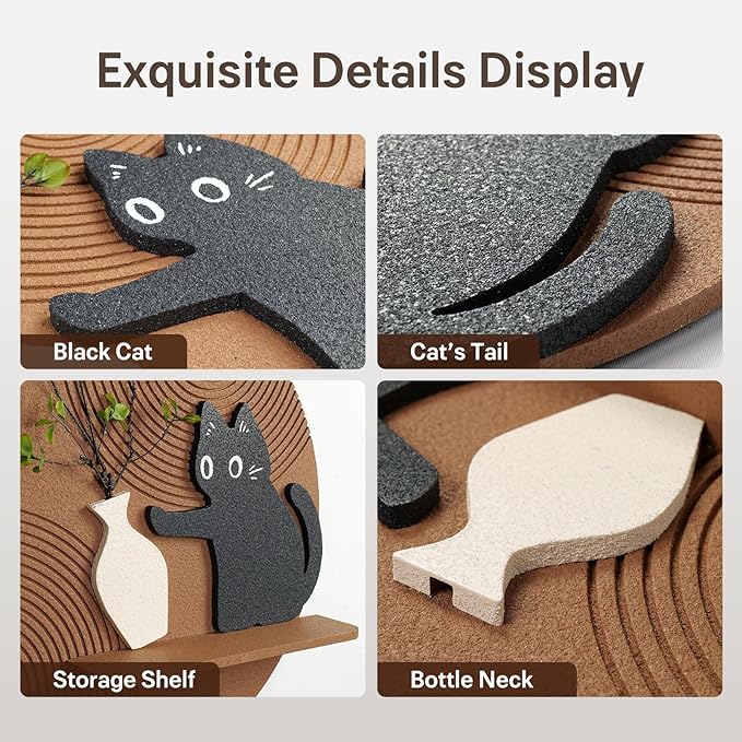 3D Textured Funny Abstract Wall Art, Black Cat and White Brown Wall Decor, Round Minimalist Artwork with Artificial Greenery, Suitable for Living Room Hallway Dining Room Bedroom Office, 24x24 In