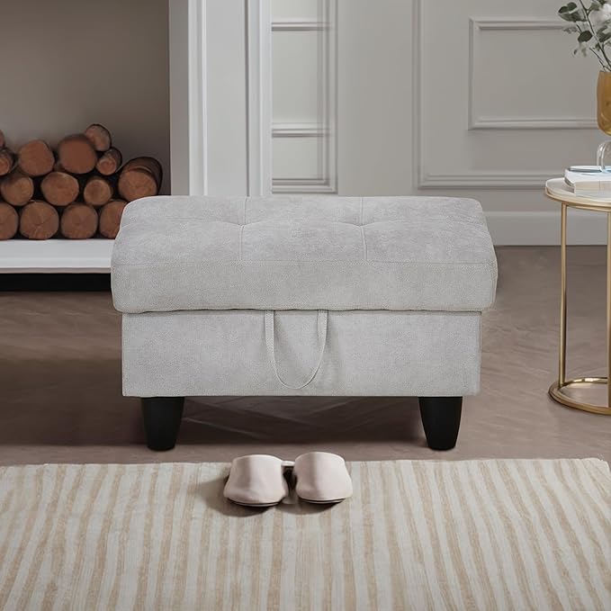 Ottoman Rectangular Storage Ottoman Bench, Flannel Footrest Stool Footstool with Lid for Living Room, Bedroom, Entryway, Khaki, 28.5"x19"x17.5"