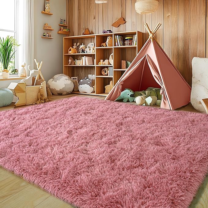 Soft Fluffy Rug for Living Room, 4x6 Cameo Pink Shag Area Rug for Bedroom Living Room, Non-Slip Fuzzy Carpet for Girls Boys Kids, Throw Rugs for Dorm, Modern Home Decor Aesthetic, Cameo Pink