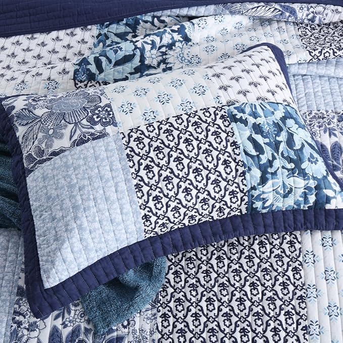 ENASAL Cotton Bedspread Quilt Sets Reversible Bedding Coverlet Sets Luxury Blue White Floral Real Patchwork Bedspread, Queen Size