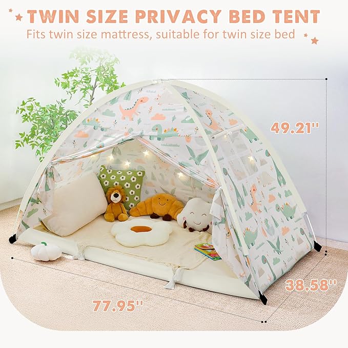 Twin Size Bed Canopy, Twin Bed Tent Indoor with Star Lights, Privacy Space Blackout Sleeping Tents, Indoor Breathable Portable Floor Bed Tent for Boys and Girls, Dinosaur