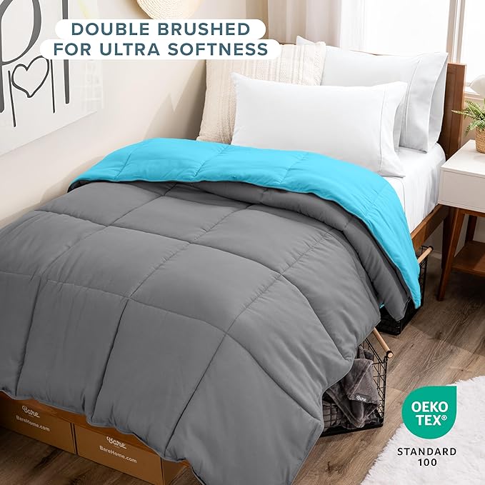 Bare Home Twin/Twin Extra Long Comforter - Reversible Colors - Goose Down Alternative - Ultra-Soft - Premium 1800 Series - All Season Warmth - Bedding Comforter (Twin/Twin XL, Grey/Aqua)