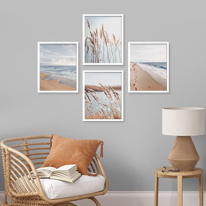 SIGNWIN Framed White Beach Grass Cloudy Ocean Sea Wave Horizon Wall Art, Set of 4 Landscape Colorful Wall Decor Prints, Nature Wilderness Wall Décor for Living Room, Bedroom - 11"x14" White