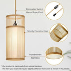 Plug in Pendant Light - Bamboo Hanging Lamp 15ft Hemp Rope Cord Dimmable Switch - Mini Plug in Hanging Light, Hanging Lamps for Bedrooms - Japandi Pendant Lamp for Home Decor