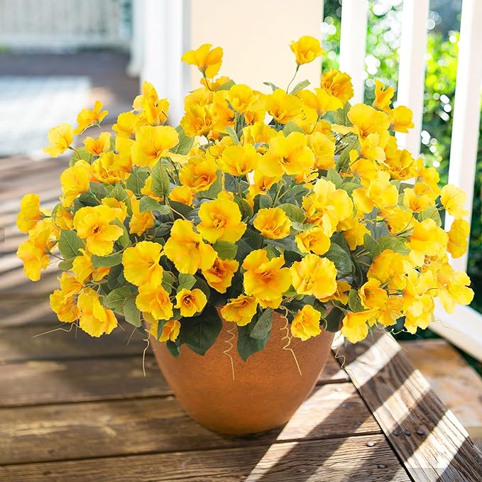 Fall Flowers Fake Flowers for Outdoors Autumn Decoration, 6 Bundles Faux Silk Hibiscus Artificial Plants Realistic UV Resistant Tropical Flowers for Outside Planter Patio, Yellow