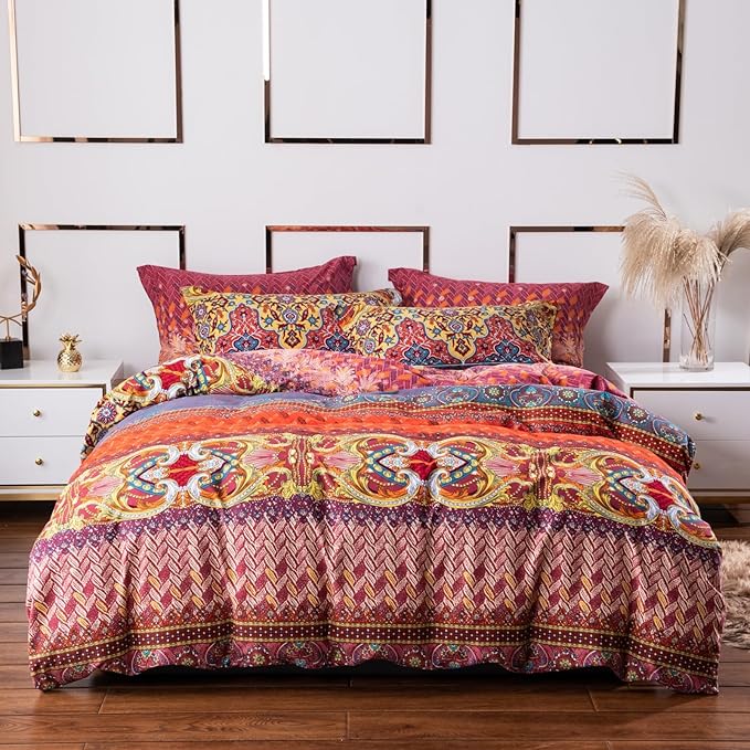 ABREEZE Bohemian Duvet Cover Set Colorful Orange Boho Retro Bedding Set Damask Paisley Cotton Duvet Cover Tribal Reversible Bedding Exotic Style Comforter Cover 3-Piece Cal.King