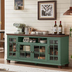 Large Sideboard Buffet Cabinet with Storage, Vintage Green Farmhouse 60" Wide Credenza Accent Cabinets with Glass Doors & Wood Legs, Kitchen Coffee Bar Table for Dining Room, Living Room