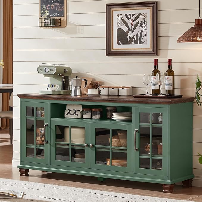 Large Sideboard Buffet Cabinet with Storage, Vintage Green Farmhouse 60" Wide Credenza Accent Cabinets with Glass Doors & Wood Legs, Kitchen Coffee Bar Table for Dining Room, Living Room
