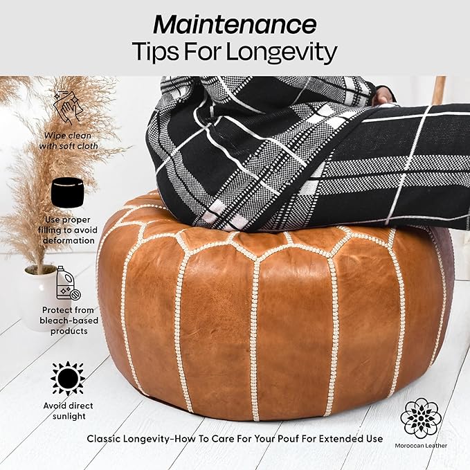 Handmade Moroccan Genuine Leather Pouf Ottoman Cover Unstuffed Foot Stool, Boho Foot Rest Under Desk, Round Ottoman for Living Room, Bedroom - Housewarming & Wedding Gifts