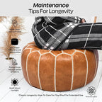 Handmade Moroccan Genuine Leather Pouf Ottoman Cover Unstuffed Foot Stool, Boho Foot Rest Under Desk, Round Ottoman for Living Room, Bedroom - Housewarming & Wedding Gifts