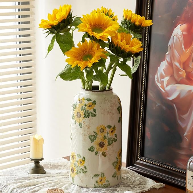 Levvohd Vintage Ceramic Vase, 10.6 Inch Chinoiserie Sunflower Yellow Floral Vases, Retro Ice Cracked Rustic Antique Flower Vases for Modern Room Bathroom Shelf Home Decor (Large Cylinder)