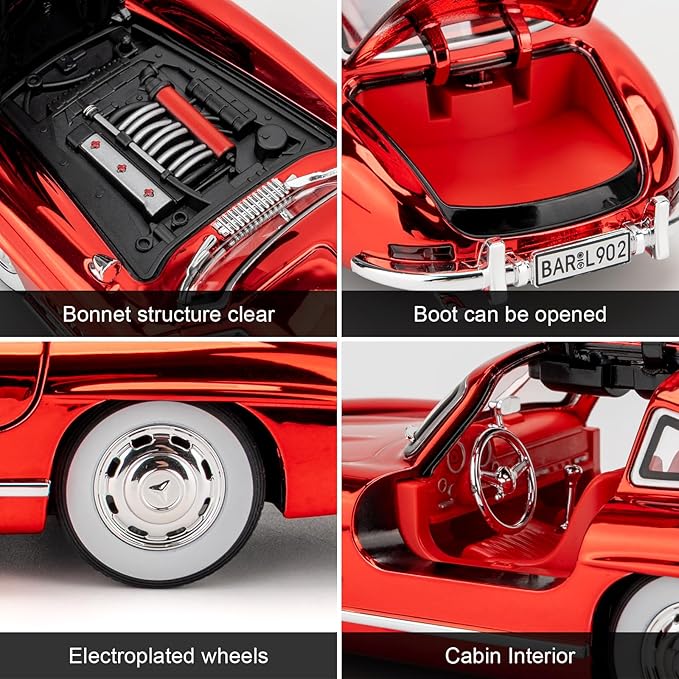 1/24 300SL Diecast Car Model Toy, Collectible 300SL Vintage Car with Sound and Light, Zinc Alloy Pull Back Toy Vehicle for Adult Boys Girls (Red)