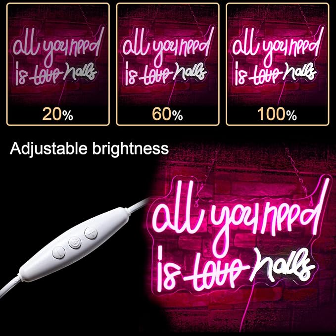 WLHOPE All You Need is Nails Neon Sign - Pink LED Signs with USB Connectivity for Bedroom, Home Bar, Girls Room, Beauty Shop, Nails Room - Gift for Girls