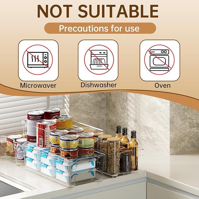Clear Fridge Organizer, Refrigerator Organizer Bins with Handle, Freezer, Kitchen Cabinet, Pantry Organization, BPA Free Fridge Organizers (12.4 inch 8 Pack)