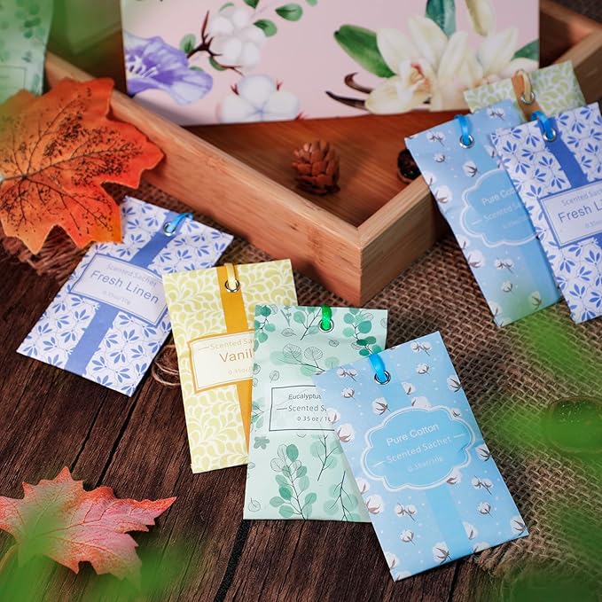 SCENTORINI Sachets for Drawers and Closets, Sachets Bags Long-Lasting, Linen Vanilla Cotton Eucalyptus & Sage, Pack of 16, Home Fragrance Sachet for Closet, Drawer, Wardrobe