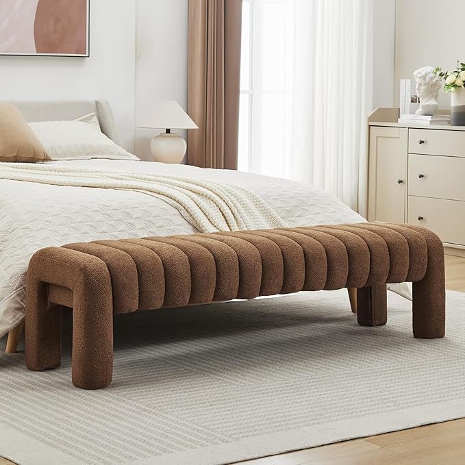 63" Bedroom Bench, Upholstered Entryway Bench, Modern End of Bed Ottoman with Solid Wood Legs and Adjustable Foot Pegs for Entryway, Dining Room and Living Room (Brown Boucle)