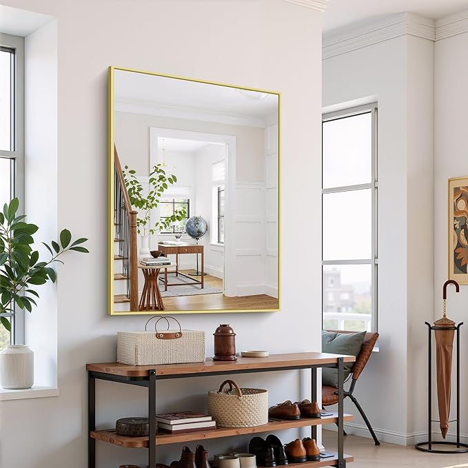 YIROMAN Bathroom Mirror 48"x36", Large Brushed Gold Bathroom Mirror for Over Sink with Aluminum Frame, Rectangular Vanity Mirror with Right Angle, Wall Mirror Hangs Horizontal or Vertical