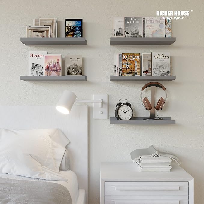 RICHER HOUSE Mounted Shelves for Wall Decor, Modern Picture Ledge Shelf with Lip for Wall Storage Nursery, Bedroom, Living Room, Bathroom - Grey