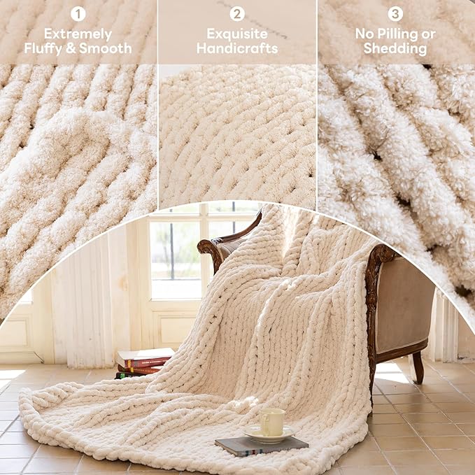 Chunky Knit Blanket - Luxury Soft Cozy 61 * 79 Bold Throw Blanket,100% Woven Blanket Rope Knot Throw Blanket for Couch, Sofa, Home Decor, Gift - Machine Washable（Cream）