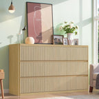 Fluted 9 Drawers Dresser, 57" Wide Dresser for Bedroom, Modern Chest of Drawers with Curved Profile, Handleless, Wood Large Dressers TV Stand with Organizer Storage, Living Room, Natural