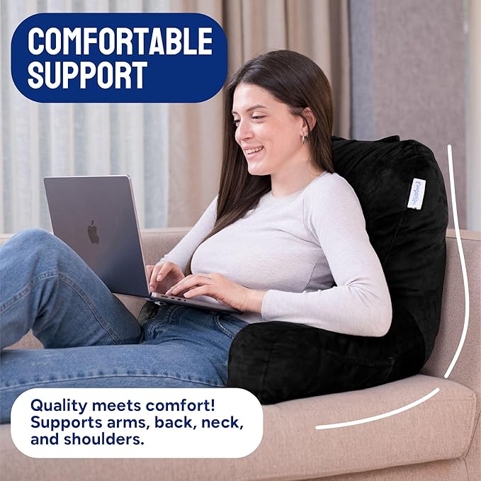 ComfortSpa Reading Pillow for Bed Adult Size, Back Rest Pillow with Arms, Pockets and Washable Cover; Use as Bed Pillows for Sitting Up in Bed for Bedrest or Relief from GERD Heartburn (X-Large Black)