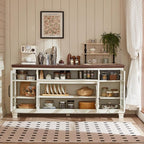 Large Sideboard Buffet Cabinet with Storage, Vintage White Farmhouse 60" Wide Credenza Accent Cabinets with Glass Doors & Wood Legs, Kitchen Coffee Bar Table for Dining Room, Living Room